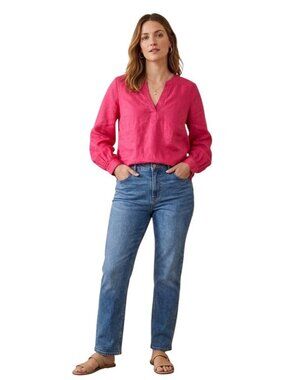New! Boden Women’s Pink 100% Linen Top Blouse Sz 12 V-Neck Gathered Cuffs Casual